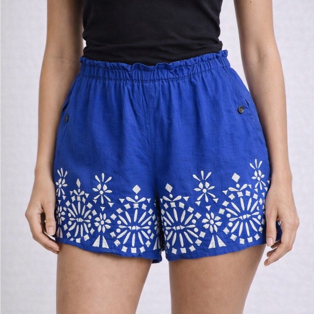 Anthropologie Linen Blue Shorts Embroidered Hem Bohemian Size Medium